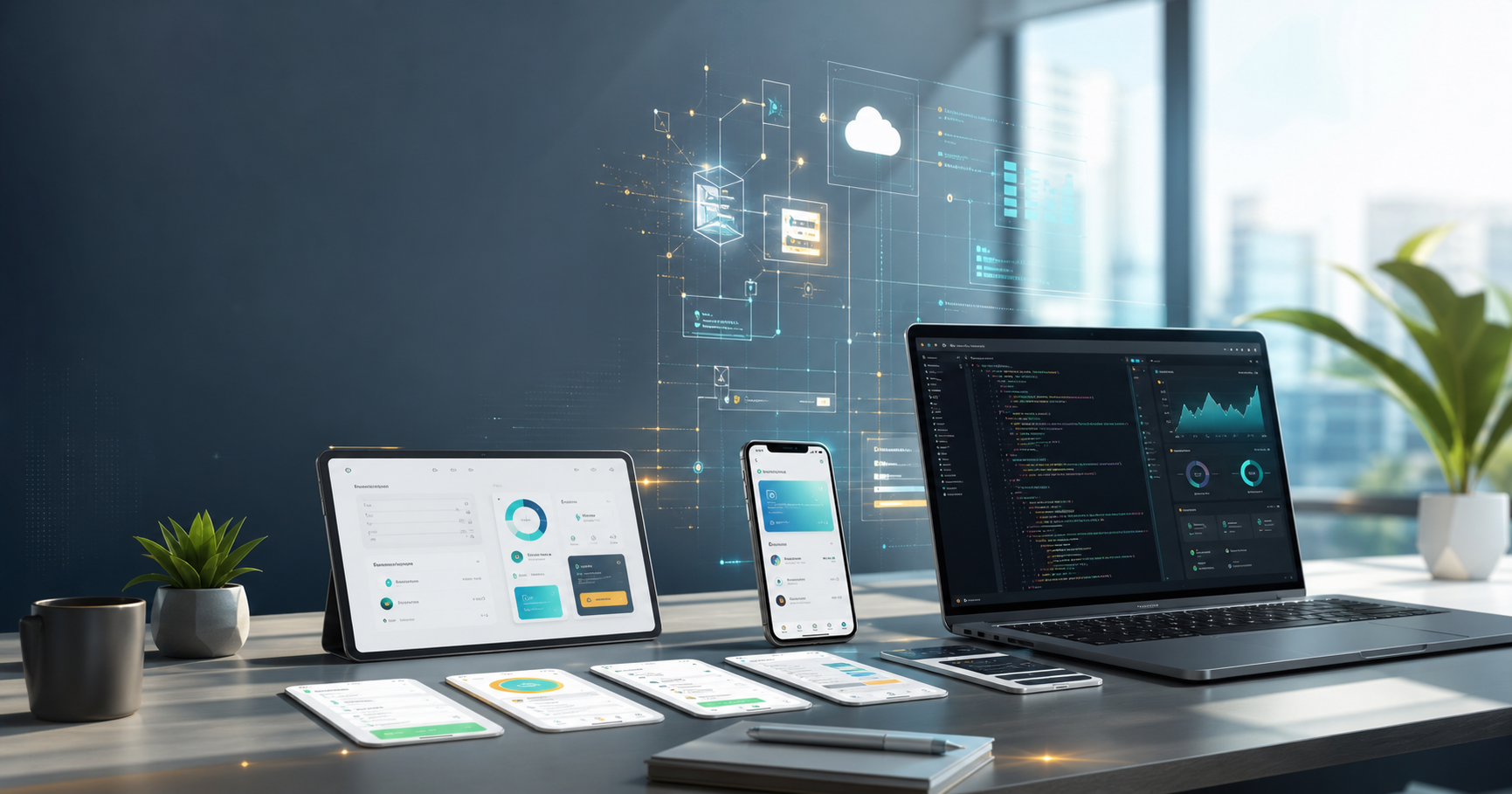 Modern app-building workspace with dashboards, mobile screens, cloud systems, and code